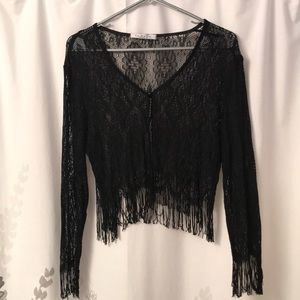 La Belle lace sweater jacket with fringe.  Sz M